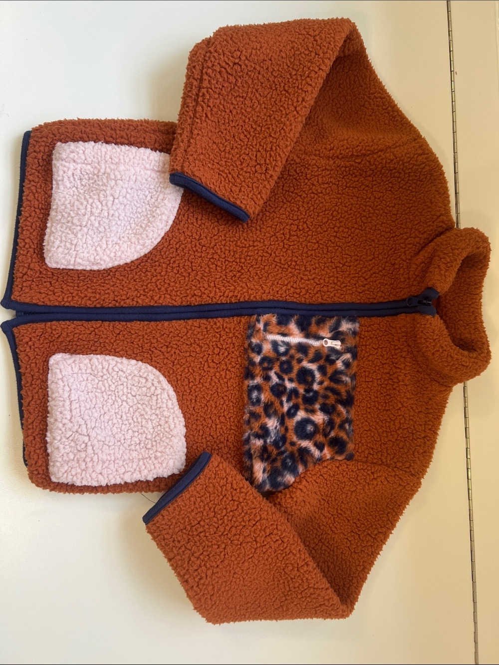 Cat & Jack Rust Sherpa Jacket with Pink Patch Pockets and Leopard Zip Pocket